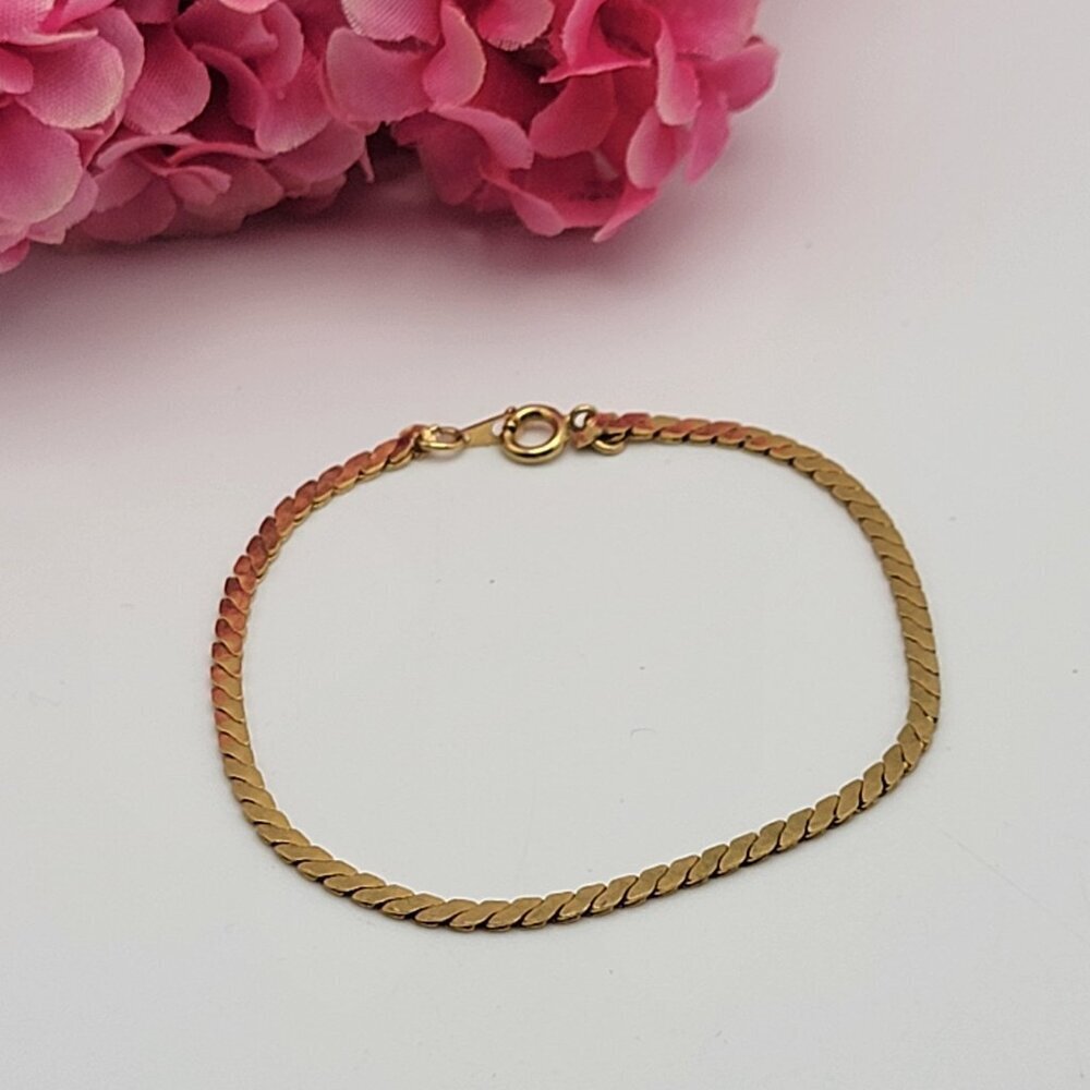Vintage Gold Plated Serpentine Chain Bracelet 7.5" Spring Ring Clasp 2.5mm Wide
